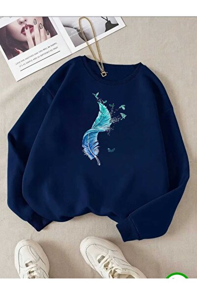 tkn your style Hanorac oversize cu imprimeu de modă cu pene de pasăre și păun