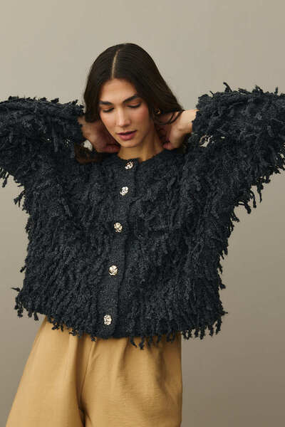 Fahhar Fringed Knitwear Jacket Anthracite