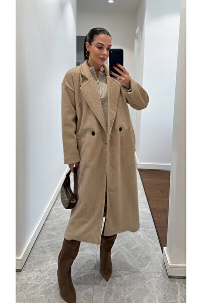 My Blog Beigefarbener langer Mantel mit Schal-Detail - 85163