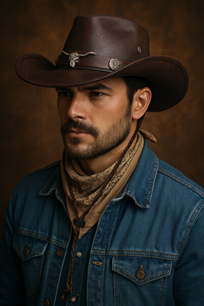 HatClub Exclusive Pălărie maro model cowboy cu curea din piele cu cataramă în...