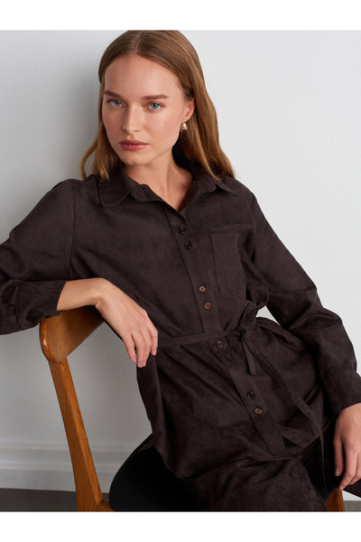 Dilvin 50518 Kemerli Süet Gömlek-Kahve