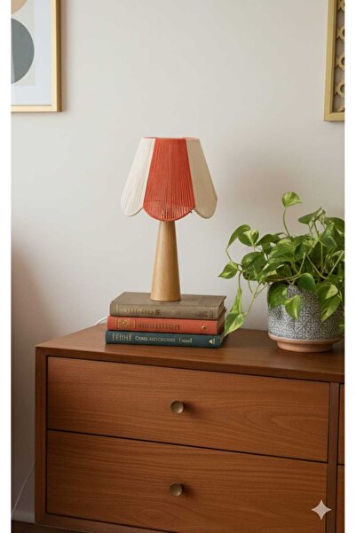 poplinhome Ahşap Ayak Makrome Abajur Masa Lambası Turuncu Ekru Abajur