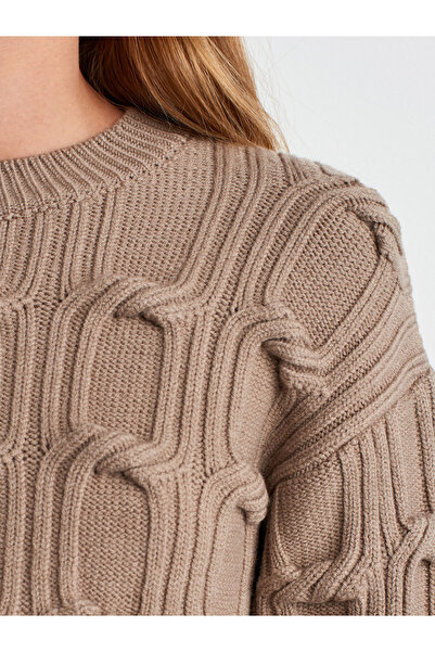 Dilvin 10825 Wool Blend Embossed Detailed Knitwear Sweater-Dark Mink