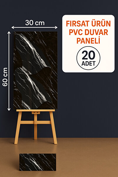 UKAB DEKOR 20 Adet (30x60 cm) Dekoratif Siyah - Beyaz Mermer Desenli Kendinde...
