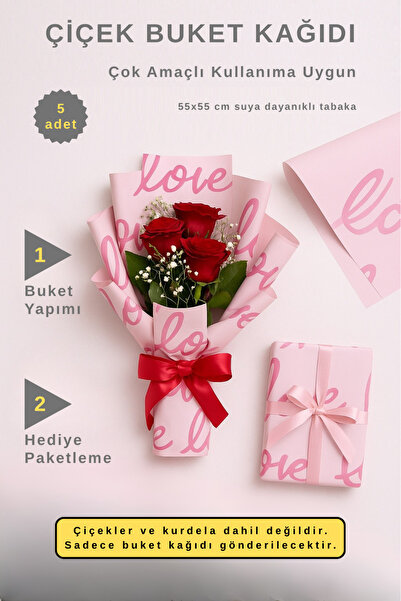 COLORPAK Çiçek Buket Ambalaj Jelatin Kağıdı (LOVE pembe) Opp 55x55cm 5 adet
