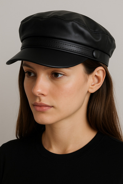 CosmoOutlet Women's Black Faux Leather Adjustable Captain Model Hat