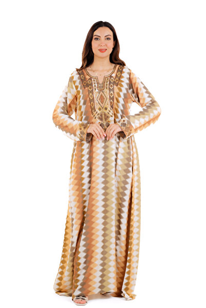 amaan Women's Luxury Embroidered Jalabiya Dress, Long Sleeve Traditional Arabic Dress, Geometric Pattern.
