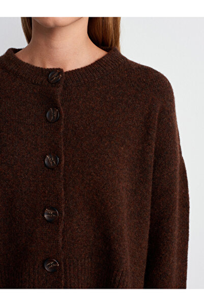 Dilvin 60280 Wool Blend Knit Cardigan with Side Slits - Brown M.