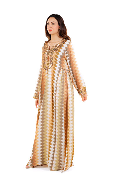 amaan Women's Luxury Embroidered Jalabiya Dress, Long Sleeve Traditional Arabic Dress, Geometric Pattern.
