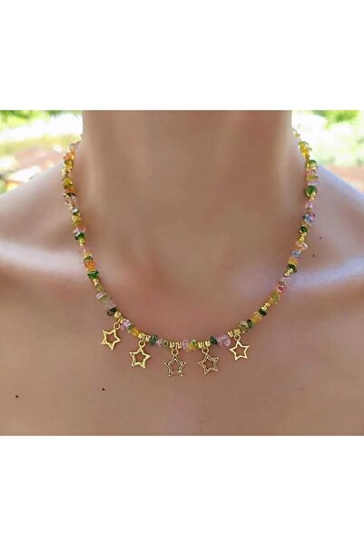 elinasaccessories Özel Tasarım Renkli Kuvars Taşı Yıldız Figürlü Kolye,doğal Taş Choker ,doğal Taş Tasma Yıldız