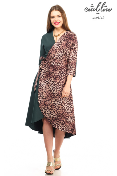 Stylish فستان ميدي أنيق بكم متوسط الطول بتصميم اللف مع جلد النمر باللون الأخض...