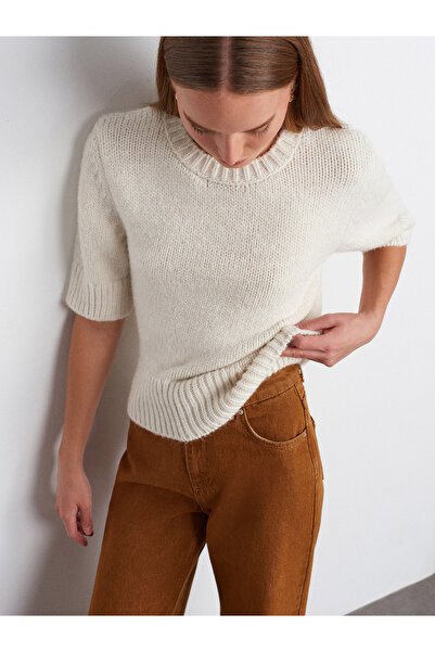 Dilvin 10821 Crew Neck Short Sleeve Knitwear Sweater-Ecru
