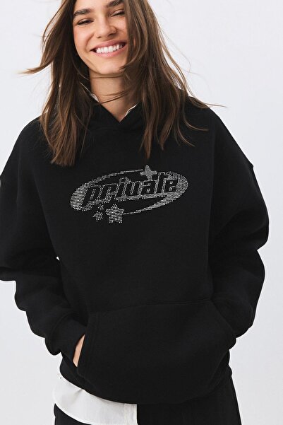 Trendiz Kadın Private Taş Baskılı Sweatshirt Siyah
