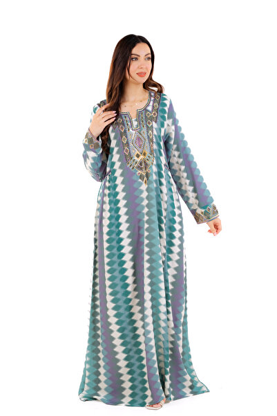 amaan Women's Luxury Embroidered Jalabiya Dress, Long Sleeve Traditional Arabic Dress, Geometric Pattern.