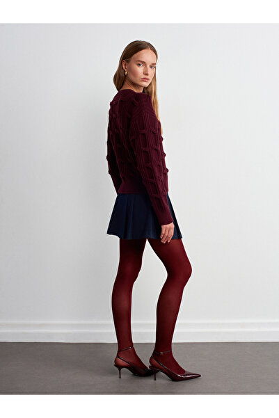 Dilvin 10825 Embossed Detailed Knitwear Sweater-Burgundy M.