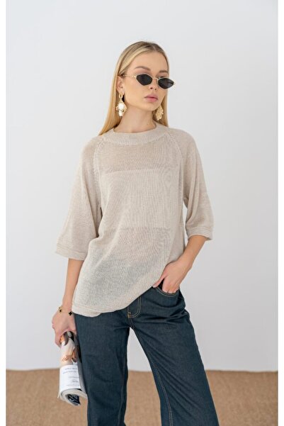 UNBOX Relaxed Knit Half-Sleeve Sweater – Beige