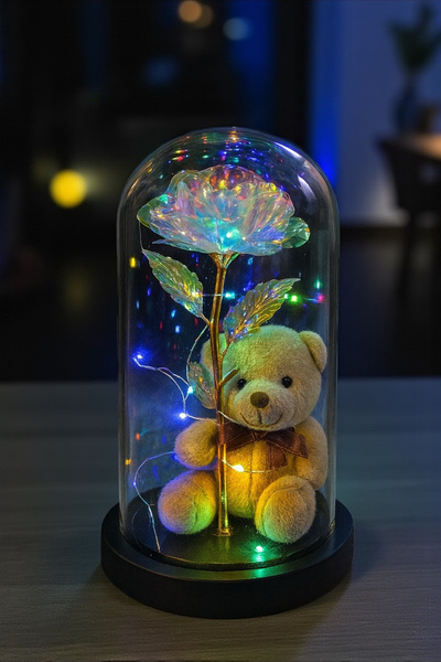 Zemtigo Ayıcıklı Fanus Dekoratif RGB Peri Led Işıklı Solmayan Sonsuzluk Gülü Ve Lotus Çiçeği Kolye