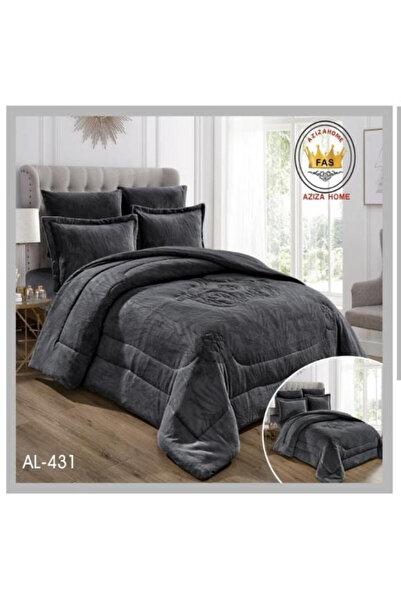 Un Luxury, 6-piece, double-sided velvet winter quilt - two elegant sides, one plain and one embroidered - dark gray color