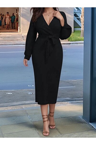 Genel Markalar Kadın Uzun Kollu Kruvaze Yaka Belden Kuşaklı Midi Ithal Krep E...