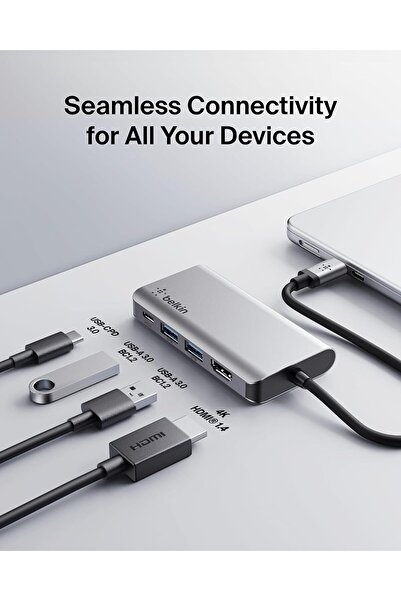 Belkin USB-C 4-in-1 MultiPort Adapter, 4K HDMI, 100W PD, 2x USB-A, Gray