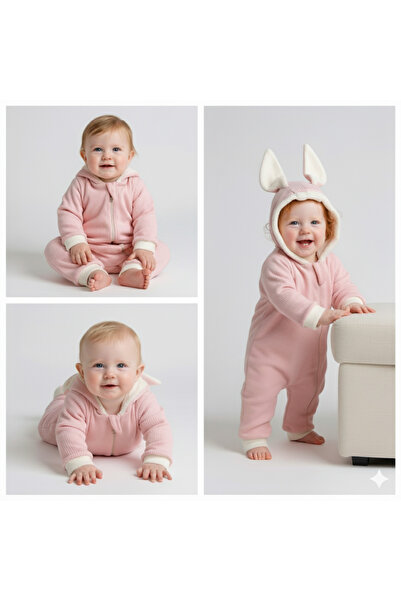 Minelora Kids | Welsoft Pembe Kız Bebek Tulumu | Sevimli Tavşan Kulaklı Kapüşonlu | 0-12 Ay