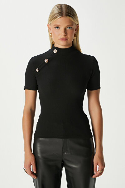 Ritnice Women's Shine Gold Buttoned Half High Neck Short Sleeve Black Ribbed Cotton Blouse