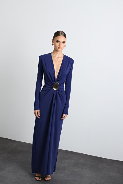Mozto Sayora Long Sleeve Navy Blue Evening Dress with Accessories