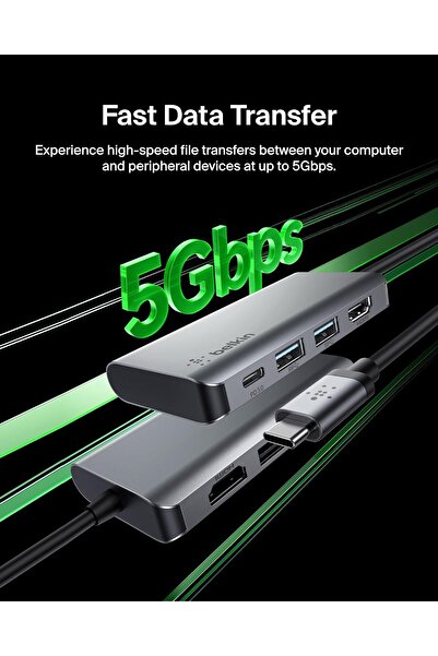 Belkin USB-C 4-in-1 MultiPort Adapter, 4K HDMI, 100W PD, 2x USB-A, Gray