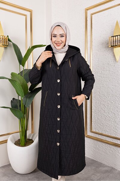 Kırmızı iz Kapşonlu zincir detaylı büyük beden mont hafif büyük beden uzun tesettür mont