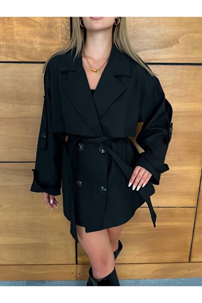 Ekim Store Pelerinli Dizüstü Kruvaze Kuşaklı Trençkot