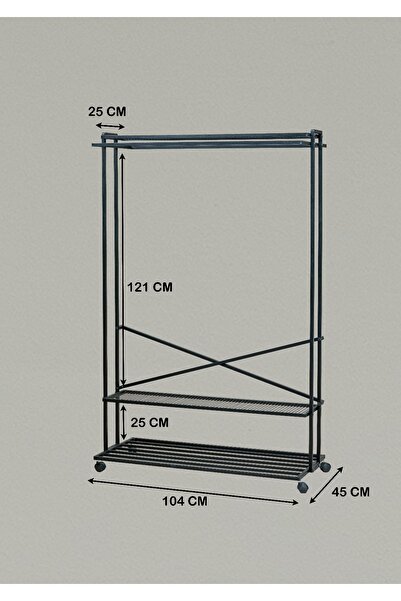 Uyan Ev Ürünleri 2 YÖNLÜ 3 RAFLI TEKERLEKLİ SİYAH METAL ASKILIK ELBİSE ASKILIĞI KONFEKSİYON ASKILIK