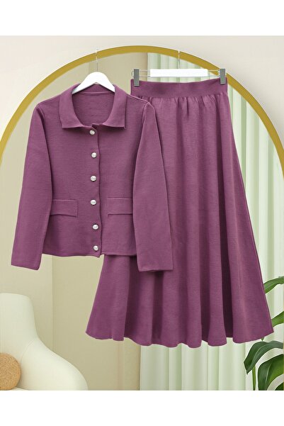 Modamorfo Buttoned Front Skirt and Collared Knitwear Set - Plum