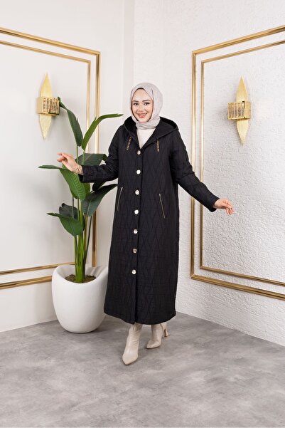 Kırmızı iz Kapşonlu zincir detaylı büyük beden mont hafif büyük beden uzun tesettür mont