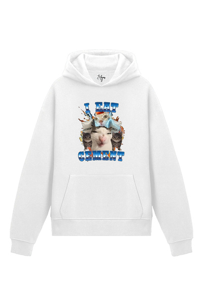 Edizen I Eat Cement Hoodie Unisex Oversize 100% Cotton White Hooded Sweatshirt