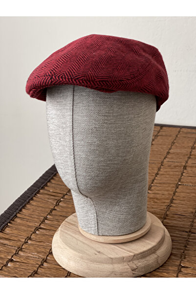 Rupen Kraft Зимна лондонска моделна вълнена шапка с плосък джоб, червена, с рибена кост (еластична)