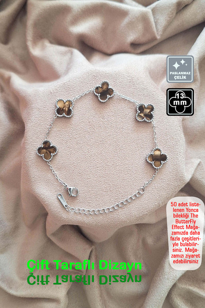 Miss TBee 🍀 سوار فولاذي على شكل ورقة البرسيم الرباعية 🎨   بني فضي لؤلؤي