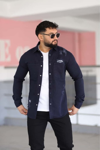 L-KOM قميص دينم رجالي بقصة ضيقة، قميص بدون ليكرا بجيبين وأزرار واسعة