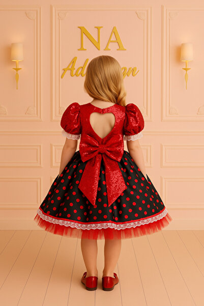 NA ADDESIGN Minnie Heart Special Design Dress – Red Sequin & Polka Dot Satin Heart Detail Model