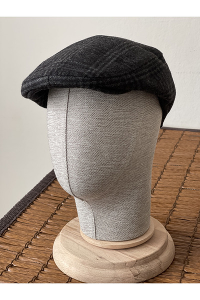 Rupen Kraft Winter London Model Wool Fabric Unisex Flat Pocket Gray Plaid Beanie Hat (Elastic)