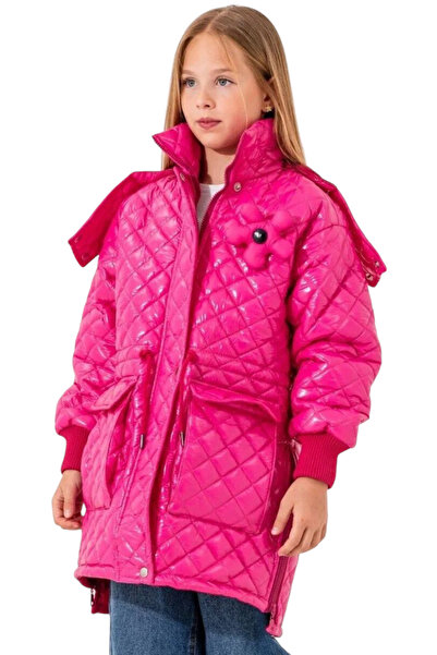 İrem Çocuk Giyim Kız Çocuk Kapitone Model Kapüşonu Çıkabilen İçi Astarlı Etek Kısmı Fermuarlı Parlak Pembe Renk Mont