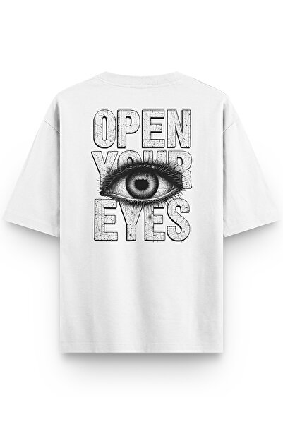 Overoz Open Your Eyes Back Printed Semi Oversize White Tshirt 1394