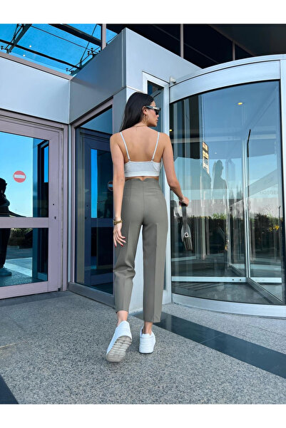 MetuCA Kadın Yeşil Yüksek Bel Pens Detaylı Bilek Boy Havuç Kesim Tok Kumaş Pantolon Slim Fit ( Esnek