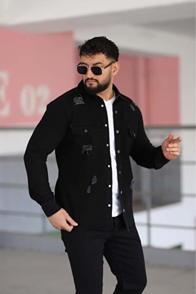 L-KOM قميص دينم رجالي بقصة ضيقة، قميص بدون ليكرا بجيبين وأزرار واسعة