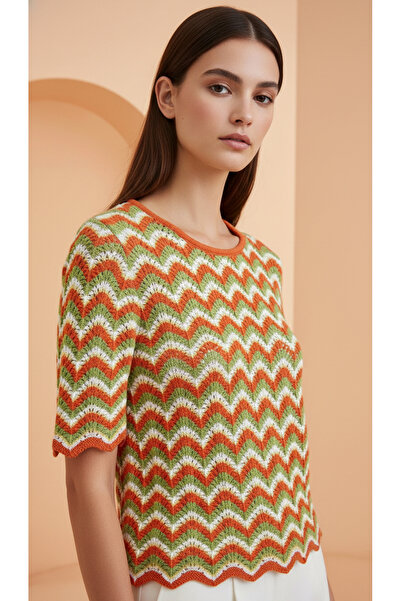 Digz fashion Turuncu-Yeşil-Beyaz Ajurlu Kısa Kol Triko T-shirt