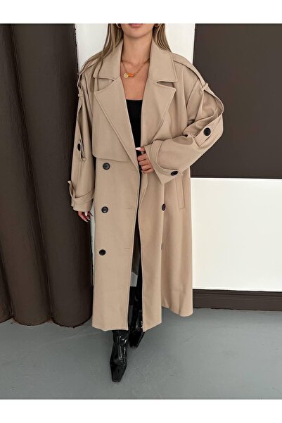 Ekim Store Uzun Pelerinli Kuşaklı Oversize Trençkot