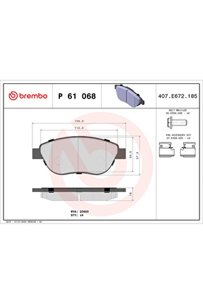 Brembo Комплект спирачни накладки за дискови спирачки Citroen Berlingo / Berl...