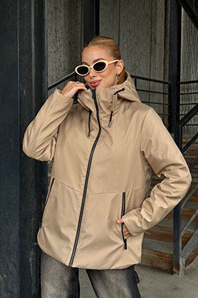 bacc معطف نسائي بيج بجيبين بغطاء رأس BCVL-254204