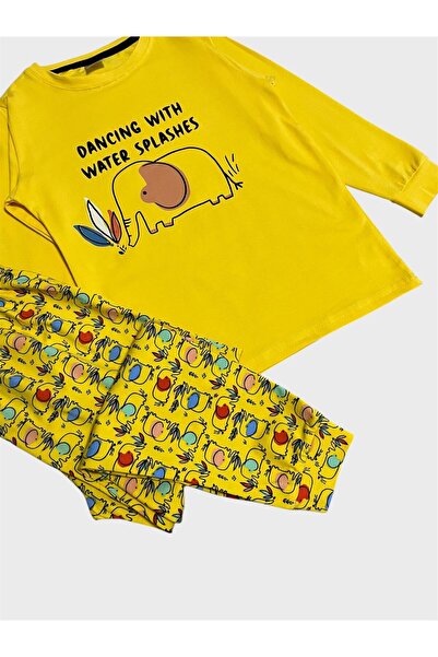 elmas kids Erkek Çocuk Pamuklu Sarı Fil Desenli Mevsimlik Uzun Kollu Pijama Takımı