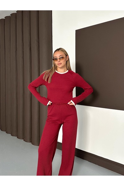 novalook Fitilli Ribana Crop Bluz ve Yüksek Bel Bol Paça Pantolon Takım