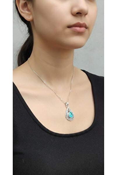 ErdoğanSilver Otantik Telkari Doğal Taşlı Yakut,Safir,Turkuaz Damla Kolye Ucu...